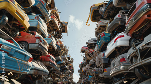 A bunch of unnecessary cars stacked on top of each other. A cemetery of old rusty broken-down cars