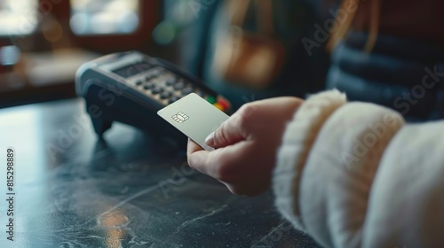 Hands holding a credit card and using a contactless payment terminal for a retail transaction, illustrating cashless payments and modern banking technology. 