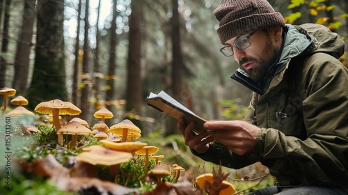 Mycologist studying fungal diversity in forest ecosystems, exploring the kingdom Fungi.