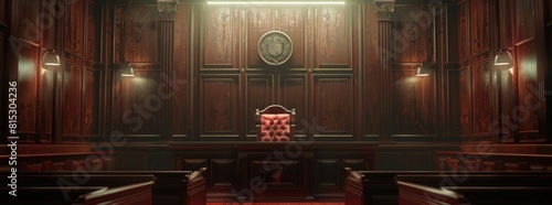 Dramatic courtroom scene with a stern judge and detailed wood paneling, highlighted in dark browns and deep reds, suitable for a law office or study room wallpaper