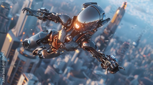 The robot or cyborg woman in the superhero iron suit is flying over a futuristic city. The character has a jetpack rocket engine and is riding a cyborg jetpack. The robot woman flies overhead