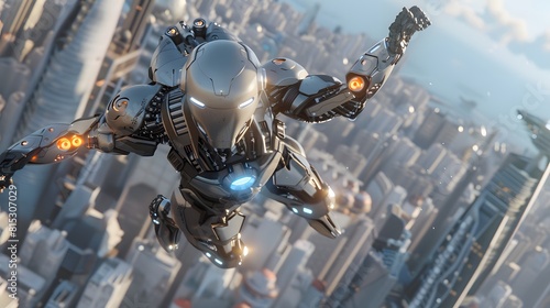 The robot or cyborg woman in the superhero iron suit is flying over a futuristic city. The character has a jetpack rocket engine and is riding a cyborg jetpack. The robot woman flies overhead
