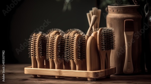 **A set of natural bristle hair brushes in a bamboo holder