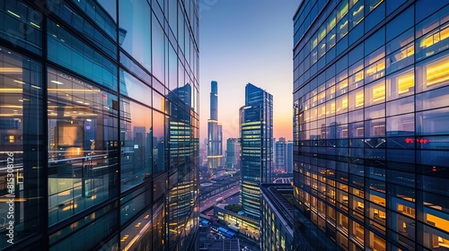 Twilight view of illuminated office buildings against the backdrop of a city skyline, evoking a sense of sophistication and progress.