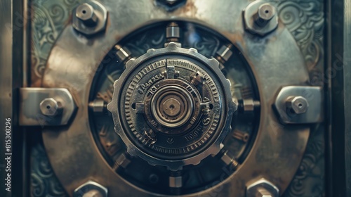 Bank vault door with a combination lock, representing security and protection of valuable assets in banking institutions. 