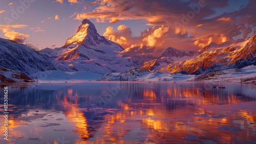 Sunset over snowy mountains reflected in an alpine lake, golden glow serene wilderness landscape