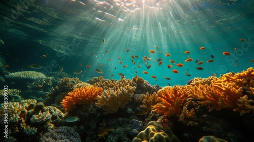 Beautiful Landscape of Underwater Scene with Coral Reef and Exotic Fishes