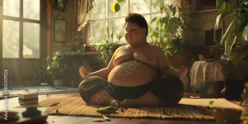 A small fat calm happy boy with a bare torso is sitting in the lotus position and doing yoga. A man is sitting cross-legged on the floor