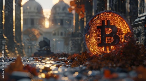 Imagine a utopian society where the principles of blockchain technology have been fully realized, with the glowing orange and black bitcoin logo adorning public monuments as a tribute to the transform