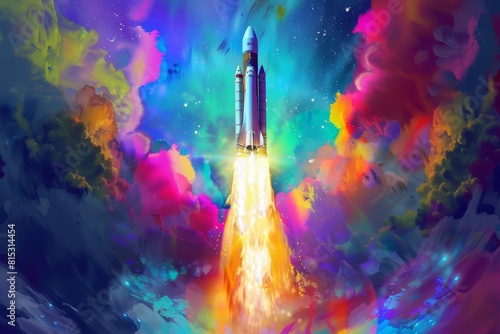 colorful rocket launch vibrant and energetic digital illustration of a rocket blasting off into space capturing the excitement and wonder of space exploration ai generated