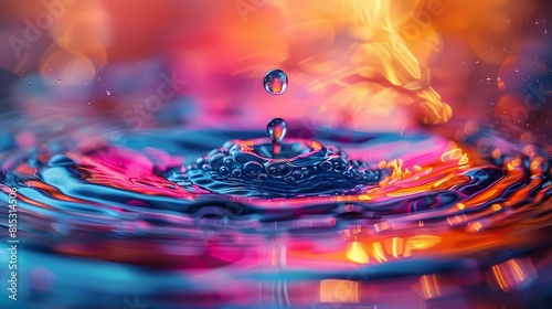A macro shot of a colorful water droplet suspended in mid-air, showcasing the stunning play of light and vibrant hues