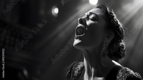 Dramatic Operatic Soprano Sings with Passion Under Dramatic Chiaroscuro Lighting on a Grand Stage