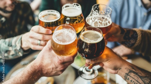 A group of friends raising their glasses in a toast, enjoying a variety of craft beers from around the world in celebration of International Beer Day..