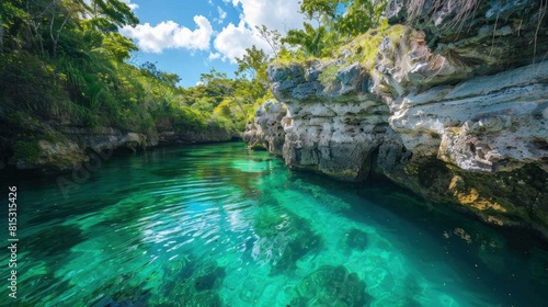 A beautiful blue river with a rocky shoreline. The water is calm and clear, and the surrounding area is lush and green. The scene is peaceful and serene, and it evokes a sense of tranquility
