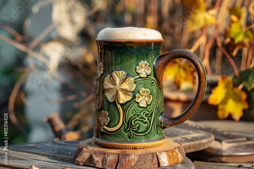 festive irish beer stein with clover emblem celebrating st patricks day traditions and cheer