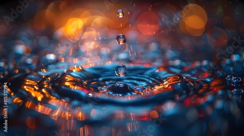 A vivid water drop falling in slow motion, capturing the refraction of colors as it hits the surface