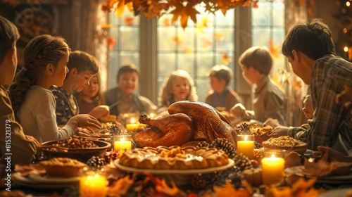 Family and friends enjoying a Thanksgiving meal together with a focus on a golden-brown turkey centerpiece.