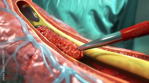 Highstakes image of a critical artery blockage in a vital organ, intense focus, closeup