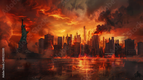 Sky line of New York City on fire as seen from the Statue of Liberty with dark orange and red tones, smoke and flames engulfing the skyscrapers. Generative AI illustration 