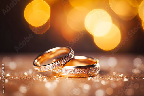 Two Gold Wedding Rings With Sparkling Lights in the Background