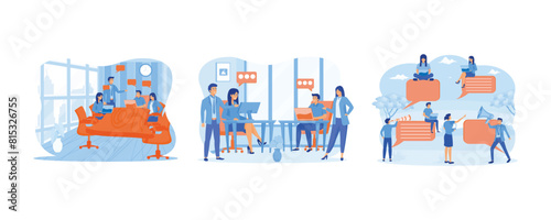 Team of people sitting at desk with laptops working together. Coworking, teamwork concept. A group of people communicates through the Internet social networks. Set flat vector modern illustration