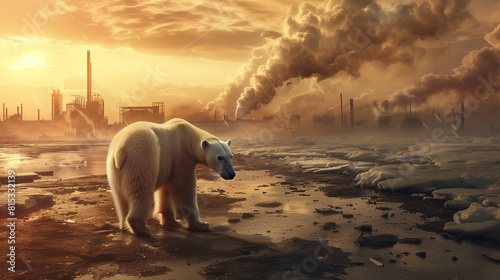 polar bear in darkness landscape of chimneys emitting smoke into the sky poisonous gases hydrogen sulfide and climate change in view of carbon dioxide