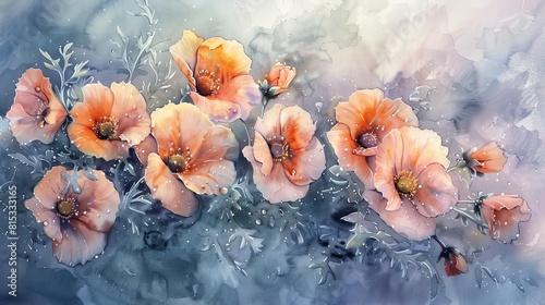 Dreamy watercolor portrait of early spring flowers, dewkissed and glowing in the dawn light