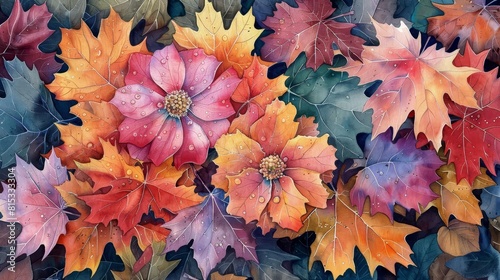 Delicate watercolor portrayal of dewy autumn flowers surrounded by multicolored leaves in a peaceful garden