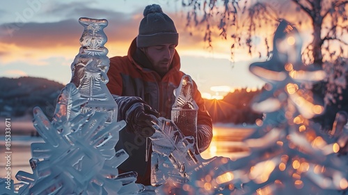 artists applying the final touches to their intricate ice sculptures in the morning light