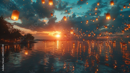 thousands of lanterns being released into the sky at sunset