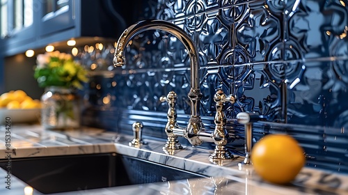 A close-up view focusing on the intricate geometric tile backsplash in an Art Deco kitchen, complemented by bold blue cabinets and chrome fixtures.