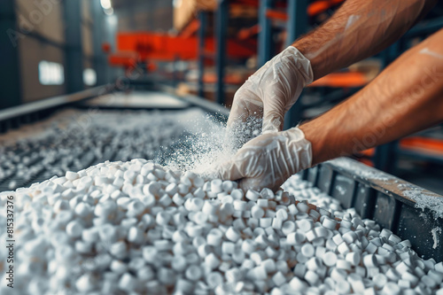 Worker inspecting plastic pellets in factory, quality control in manufacturing process.