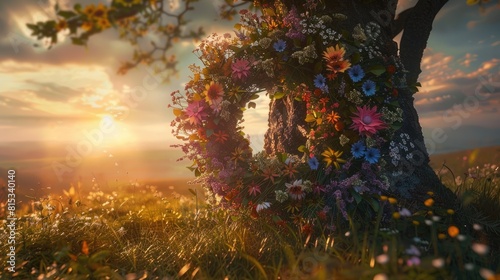 A stunning floral wreath adorns a tree against the backdrop of a sunlit meadow embodying the essence of traditional floral decor for the Summer Solstice and Midsummer holidays This beautifu