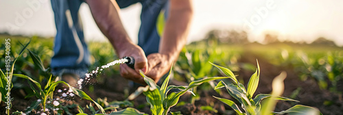 Farmer spreading fertilizer on lush green field, nurturing crops for bountiful harvest.