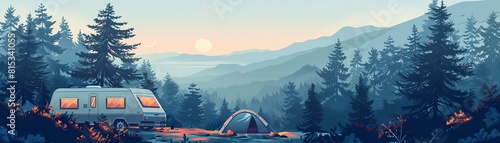 Camping at a national park flat design side view wildlife exploration theme cartoon drawing Monochromatic Color Scheme