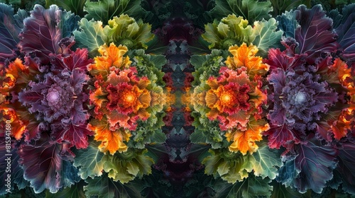 The image is a symmetrical pattern of colorful cauliflower florets