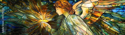 An intricate stained glass panel featuring an angel guiding lost souls bathed in ethereal light