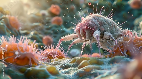 Microscopic Dust Mite Crawling on Colorful Fungal Spores Under Microscope