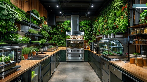 A panoramic view of a sustainable kitchen featuring ceiling-high green walls, integrated herbal planters, and fixtures made from recycled materials.