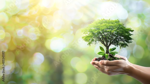 World environment day concept Human hands holding big tree over blurred abstract beautiful green nature background : Generative AI