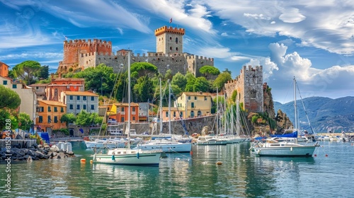 Beautiful castle and moored sailing boats in the famous harbor of Lerici, Liguria, Italy, Europe --ar 16:9 Job ID: 2d8d9db0-1002-4262-ac53-4624ffd9af81
