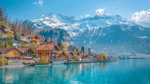 Brienz town on Lake Brienz by Interlaken, Switzerland, with snow covered Alps mountains in background --ar 16:9 Job ID: fbcc3157-1f5f-44ca-932b-dd5832737c6d