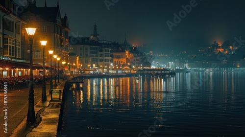 Embankment of Reuss at night, Lucerne, Switzerland --ar 16:9 Job ID: 0224c1fc-1aa8-47e8-b4f1-c98e2c9a8253
