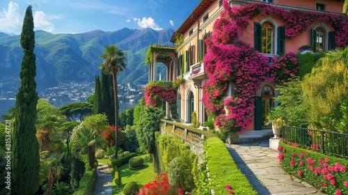 Famous luxury villa Monastero, stunning botanical garden decorated with mediterranean oleander flowers, lake Como, Varenna, Lombardy region, Italy, Europe --ar 16:9 Job ID: 8a2b17f8-0141-4ad0-94ad-58a