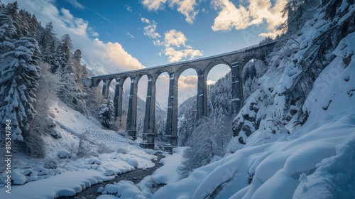 Landwasser Viaduct world heritage in Swiss Alps snow winter scenery, Switzerland. --ar 16:9 Job ID: f4fcb7e7-8a50-4f21-8402-c72fe6ad30c2