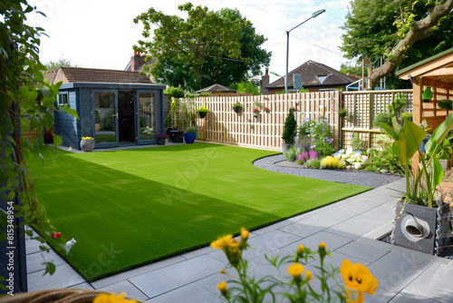 A vibrant and colorful back garden with artificial grass, flower bed, patio, timber fences, and timber outbuildings, perfect for relaxation and outdoor leisure activities.