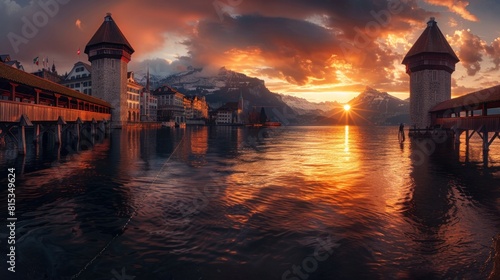 Sunset in historic city center of Lucerne with famous Chapel Bridge and lake Lucerne (Vierwaldstattersee), Canton of Lucerne, Switzerland --ar 16:9 Job ID: f84ec539-e29e-4783-95cd-ae26f45fa564