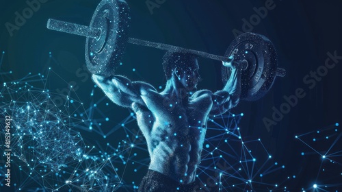 weightlifter with cybernetic particles. Polygonal digital background AI generated