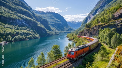Train Oslo - Bergen in mountains. Norway. --ar 16:9 Job ID: dcc8721c-de7a-4136-a635-3fb104831c1e