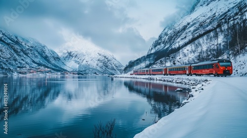 Train Oslo - Bergen in mountains. Norway. --ar 16:9 Job ID: dcc8721c-de7a-4136-a635-3fb104831c1e